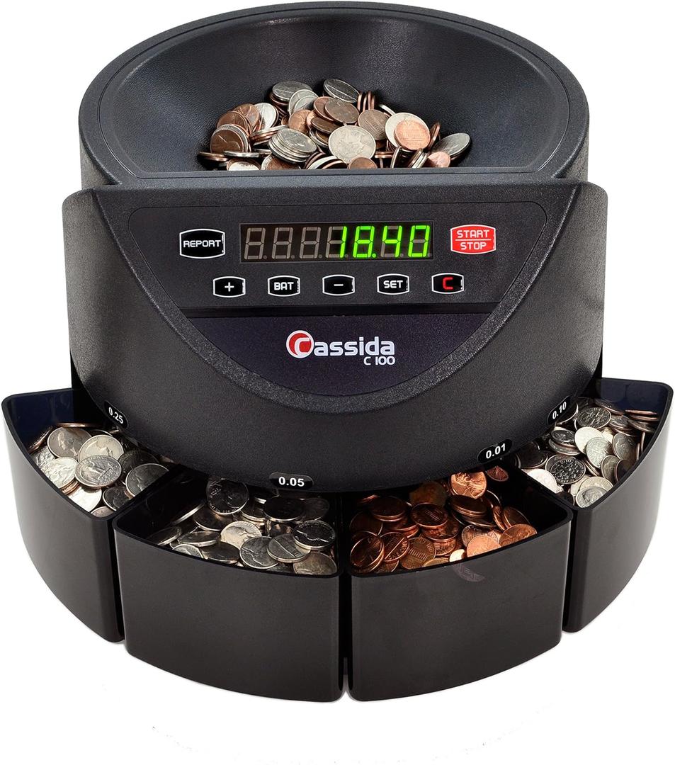 Cassida C100 Electronic Coin Sorter/Counter, Countable coins 1, 5, 10, 25, 250 coins/min, 110 VAC