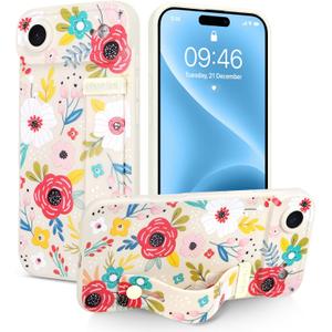 Case for iPhone Air Silicone Phone Case with Strap for Women Girls Cute Floral Flowers Design, Adjustable Finger Strap Kickstand Protective Cover, Blossom