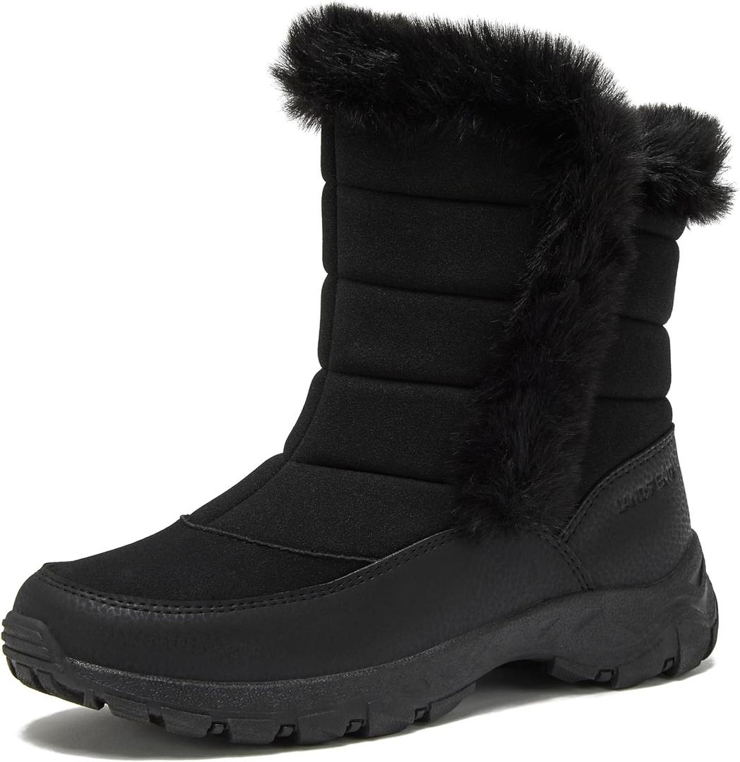 Lands' End Expedition Slip On Insulated Waterproof Winter Boots for Women, Puffer Fur Trimmed Hook & Loop Womens Boots,- Black, 8 Medium
