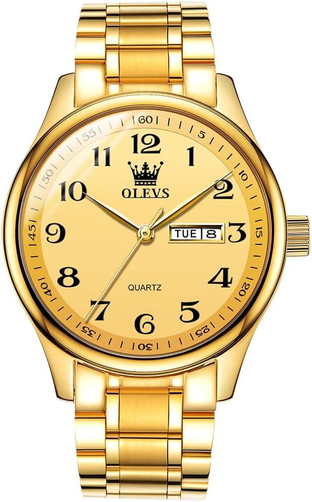 OLEVS Men's Luxury Stainless Steel Watch, Big Face Gold Silver Two Tone Three Hand Analog Quartz Watch, Easy to Read Waterproof Luminous Day Date Wrist Watches for Men (09 All Gold)
