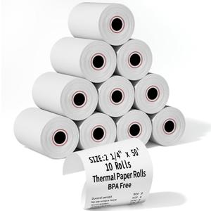 (10 Rolls) 2 1/4" x 50' Thermal Receipt Paper Rolls, Cash Register POS Thermal Paper, Credit Card Rolls Thermal 2 1/4 in x 50 ft.