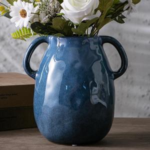 Blue Ceramic Vase with 2 Handles, Modern Farmhouse Vases for Home Decor, Rustic Pottery Vase, Decorative Terracotta Vases for Pampas Grass, Clay Jug for Living Room Dining Table Shelves