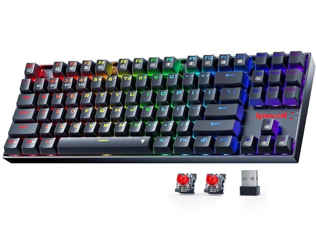 Redragon Wireless Gaming Keyboard, BT/2.4Ghz Tri-Mode Mechanical Keyboard with Aluminum Pannel, Hot-Swap Red Switch, Programmable 87 Keys TKL, LED Rainbow Backlit - K552-KRS (Black) Redragon Wireless Gaming Keyboard, BT/2.4Ghz Tri-Mode Mechanical Keyboard with Aluminum Pannel, Hot-Swap Red Switch, Programmable 87 Keys TKL, LED Rainbow Backlit - K552-KRS (Black)