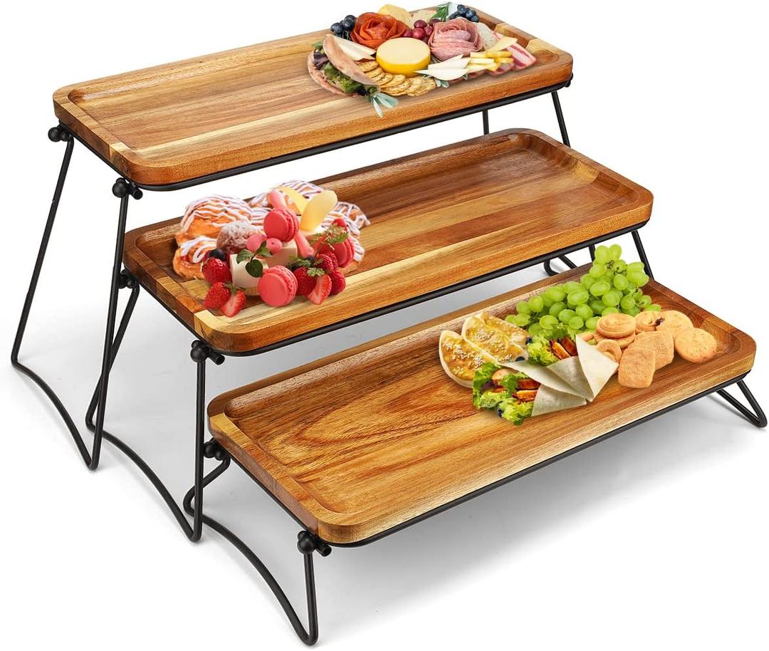 3 Tier Cupcake Stand and Towers Serving Tray for Party, Acacia Wooden Dessert Table Display Set, Decorative Tiered Tray Decor Small Chees Charcuterie Boards Rustic Wood Serving Platters and Trays