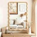 LAWADA Wavy Mirror for Wall, 30"x20" Boho Bathroom Vanity Mirror with Wooden Frame, Natural, for Bedroom, Living Room, Entryway