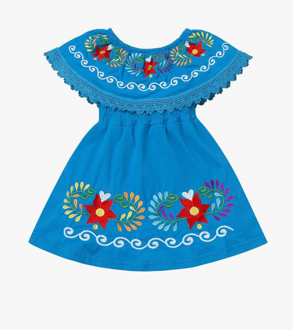 Kids Toddler Girls Traditional Mexican Off-Shoulder Floral Embroidered Drape Dress 4 Toddler Blue