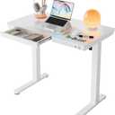 HUANUO Glass Standing Desk with Drawers, 35 x 20 Inch Electric Adjustable Height Desk, Quick Install One-Piece Tabletop with USB Charging Ports, White