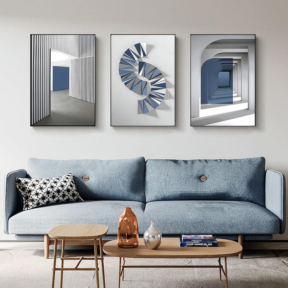 ARTFEB Framed Canvas Blue White Abstract Wall Art Set of 3, Large Modern Art Print, Neutral Minimalist Wall Decor for Living Room Bedroom Home Office(Black, 32" X 24" X 3 pieces)