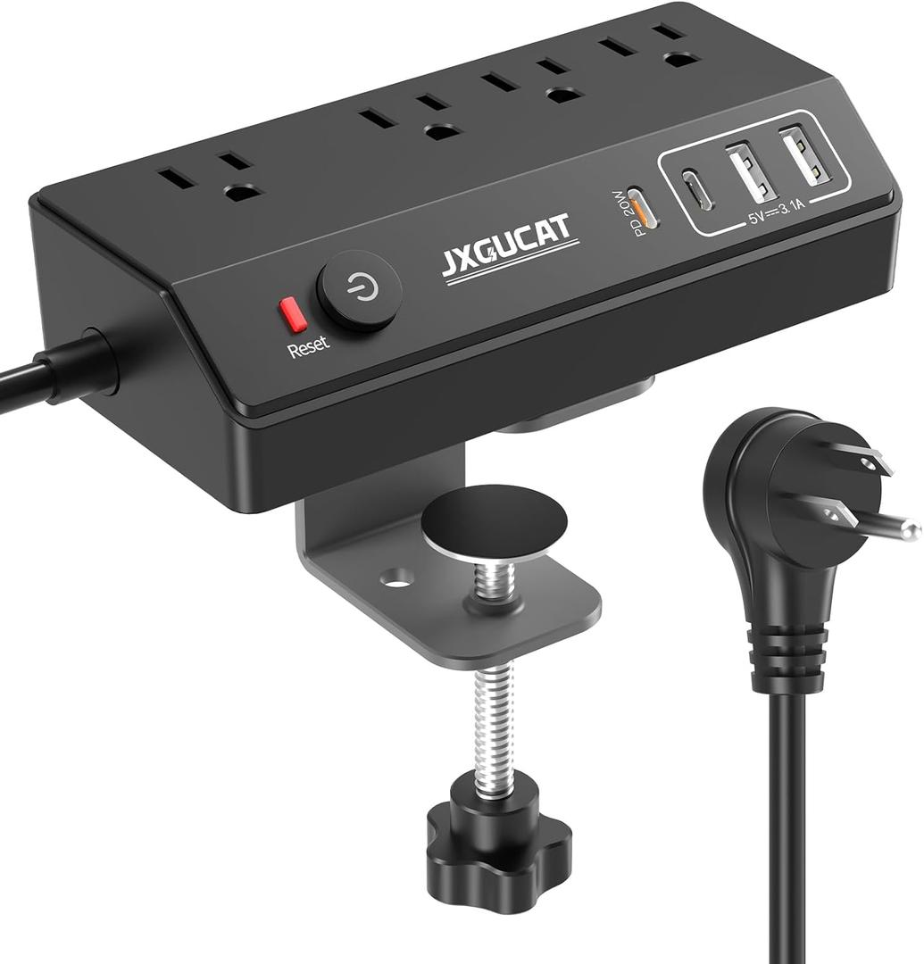 Desk Clamp Power Strip 10FT with PD 20W Fast Charging USB C, JXGUCAT Desktop Mount Power Strip Surge Protector, Removable Extension Cord with 4 Outlets 4 USB Ports, Fit 1.8" Tabletop Edge, Black