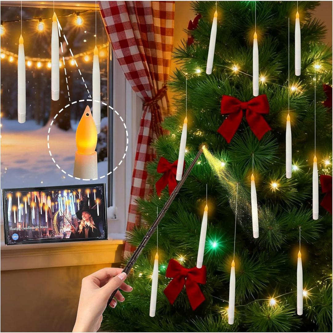 18Pcs Floating Candles with Magic Wand Remote, Battery Operated Flameless Taper Candles, Flickering Warm LED Light Window Candle for Halloween Decorations Christmas Wedding Party Decor