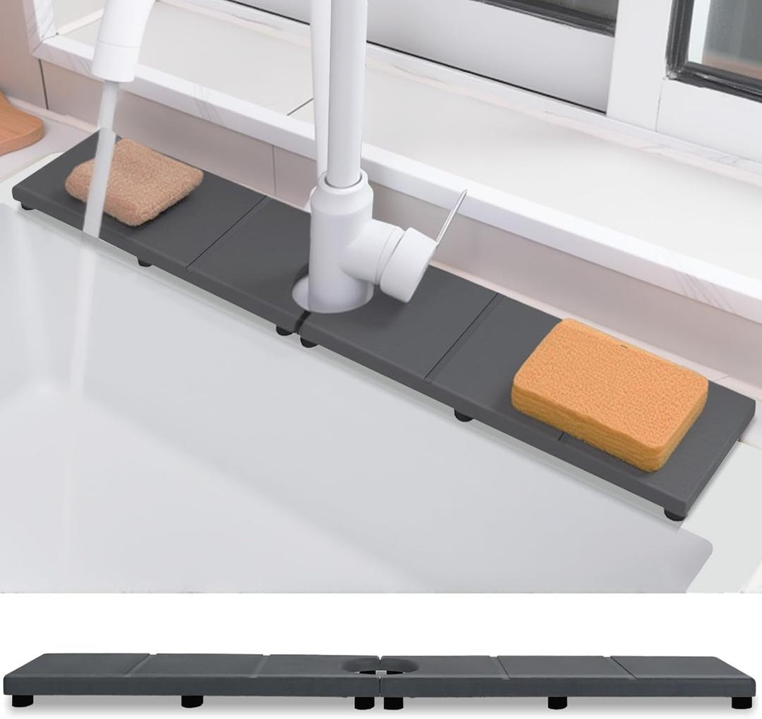 Fast Drying Faucet Mat for Kitchen Sink, Water Absorbent Diatomite Stone Sink Tray with Raised Feet, Kitchen Sink Splash Guard, Prevents Moisture Buildup, Durable Protector for Bathroom Counter (20" x 4", Dark Gray Style 3)