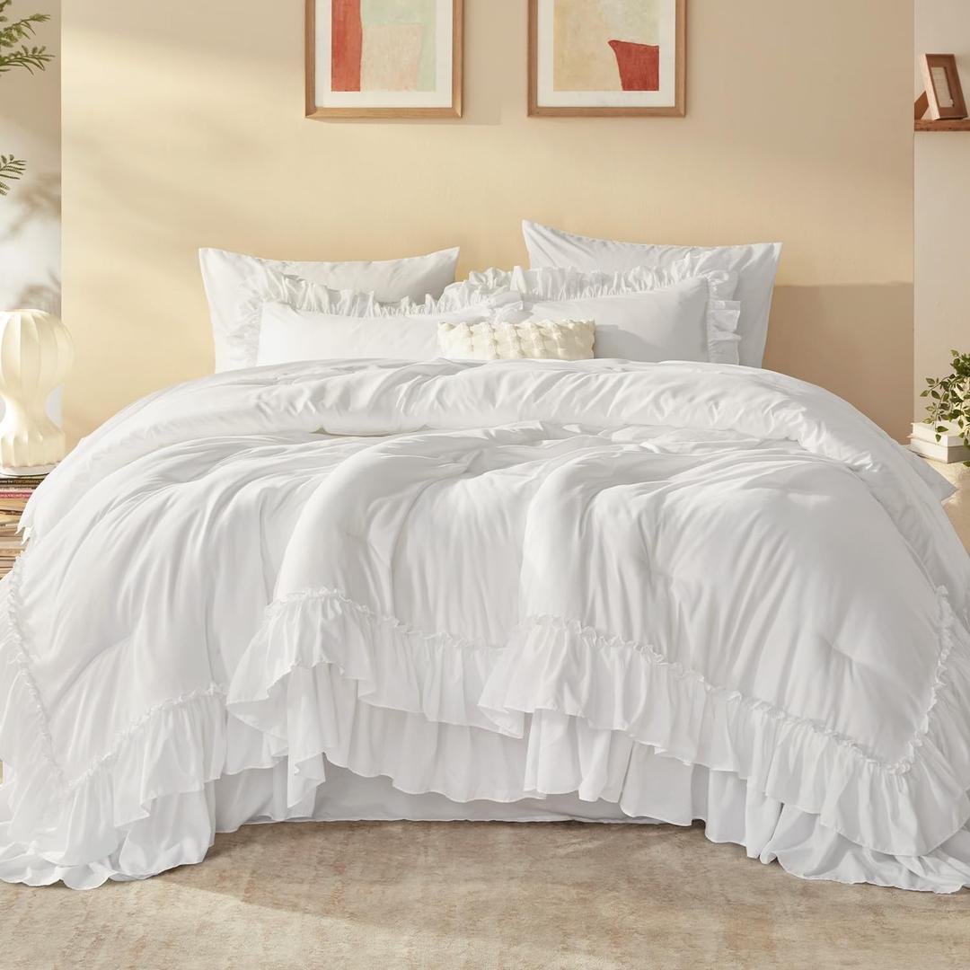 Litanika Queen Comforter Set, 7 Pcs White Ruffle Bed in a Bag | Farmhouse Shabby Chic Soft Fluffy Bedding Set for Women Girls, All Season Bed Set with Comforter, Sheets, Pillowcases & Shams