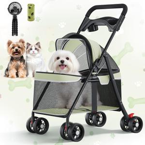 GTPLAYER Foldable Pet Stroller with Cooling Fan, Holds Up to 33 lb, 4 Wheel, Full Mesh Ultra Breathable, Safety Tethers, Cup Holder & Poop Bags Included, for Small Dogs and Cats, Light Green