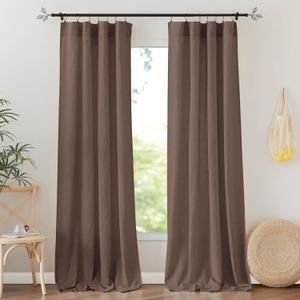 RYB HOME Linen Textured Sheer Curtains - Rod Pocket Semi Transparent Thick Privacy Boho Country Rustic Drapes for Living Room Bedroom, W 52" x L 95", Brown, 2 Panels