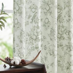 jinchan Linen Floral Curtains for Living Room 96 Inch Long Sage Green Printed Flower French Country Farmhouse Cottage Core Toile Curtains Back Tab Light Filtering Window Drapes Set 2 Panels