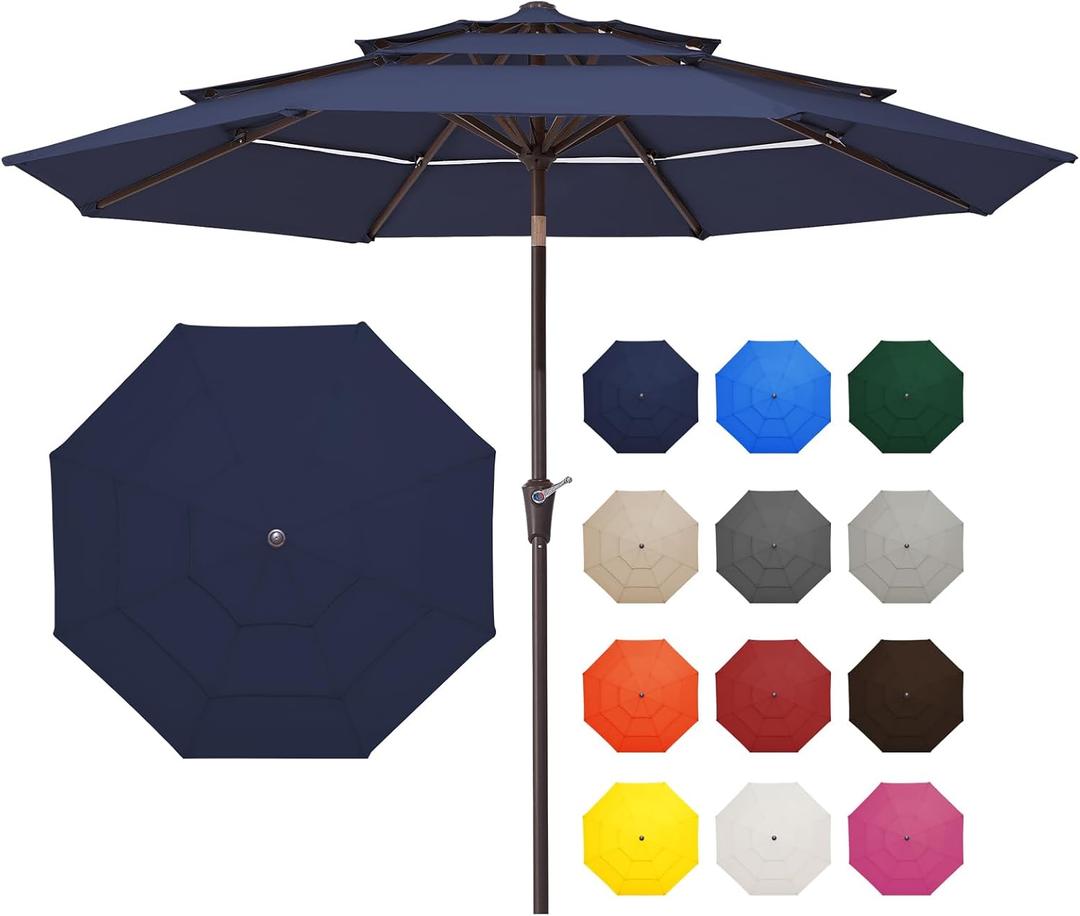 JEAREY 9FT 3 Tier Patio Umbrella Outdoor Market Umbrella Table Umbrellas with 8 Ribs 1.5 Pole Push Button Tilt and Crank UV Protection for Garden,Navy
