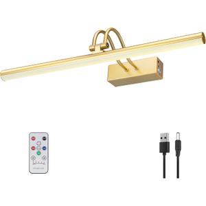 Picture Light, 16-inch Wireless Battery Wall Lighting, Remote Art Lights for Paintings with Timer and Dimmable for Displaying Photos, Frames, Portraits, Dartboards - Gold (16-inch)