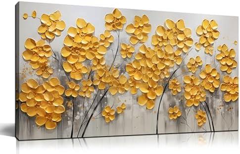 SKYRISE Abstract Gold Yellow Floral/Flower Wall Art Decor for Living Room, Modern Canvas Art Decorative-Picture Print Artwork for Bedroom Office, Size 40x20 Inches