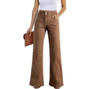 Sidefeel Womens Wide Leg Jeans Casual Baggy High Waisted Stretch Denim Pants Size 12 Brown