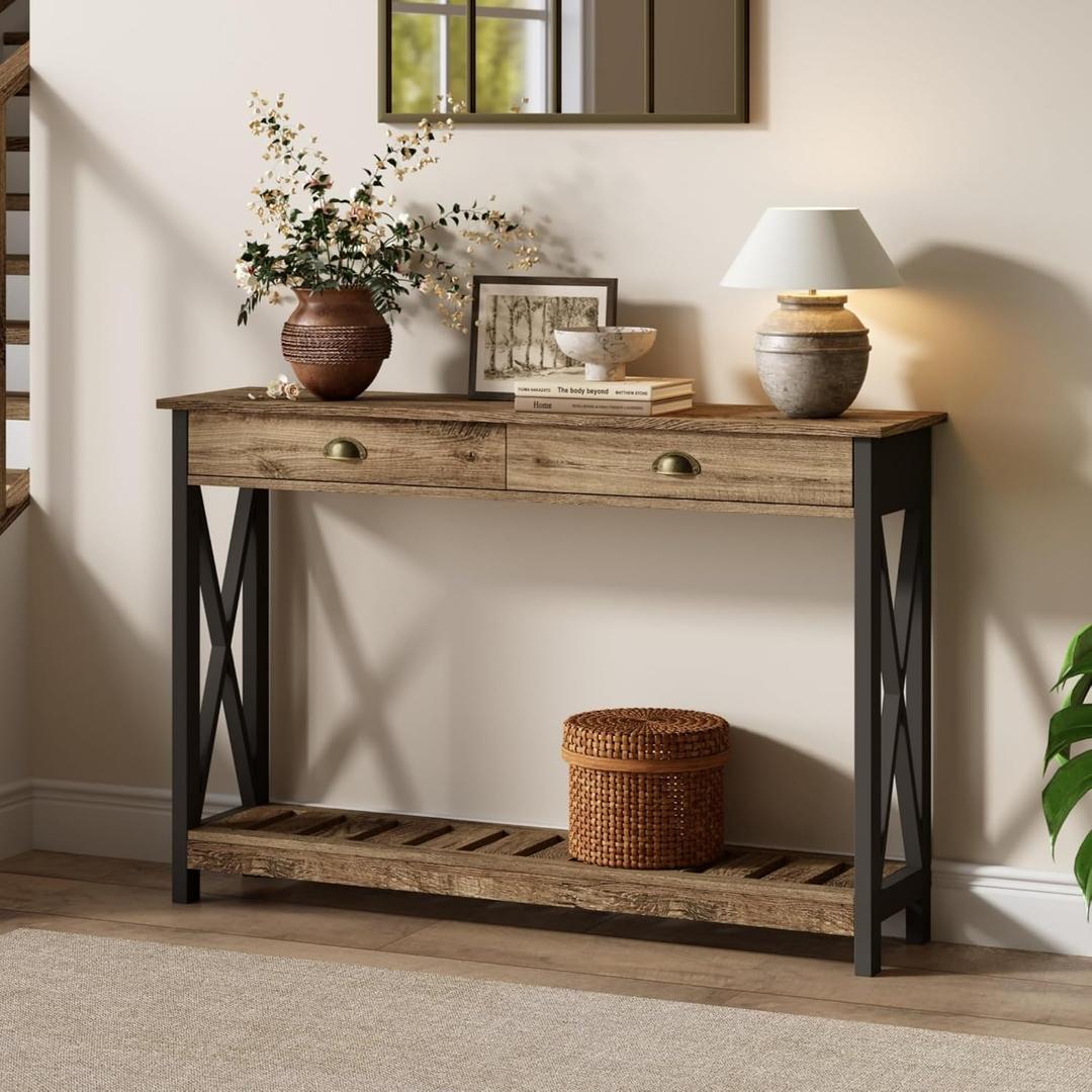ChooChoo Farmhouse Console Table with Drawer for Entryway, Narrow Long Entry Table with Shelf for Living Room, Rustic Vintage Hallway Sofa Table with Stable X Supports, 40 Rustic Oak & Black, 39.37"W*11.81"D*31.5"H