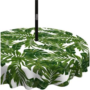 LVTXIII Outdoor Tablecloth with Umbrella Hole and Zipper, 60 Inch Water-Repellent Patio Table Cloth, Round Table Covers for Backyard Garden, Palm Green