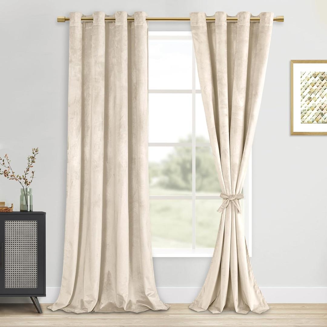 DWCN Beige Velvet Curtains 90 inches Long - Thermal Insulated Room Darkening Tieable Grommet Curtains & Drapes Warm Soft Privacy Drapes for Bedroom/Living Room/Farmhouse Style Decor W52 x L90