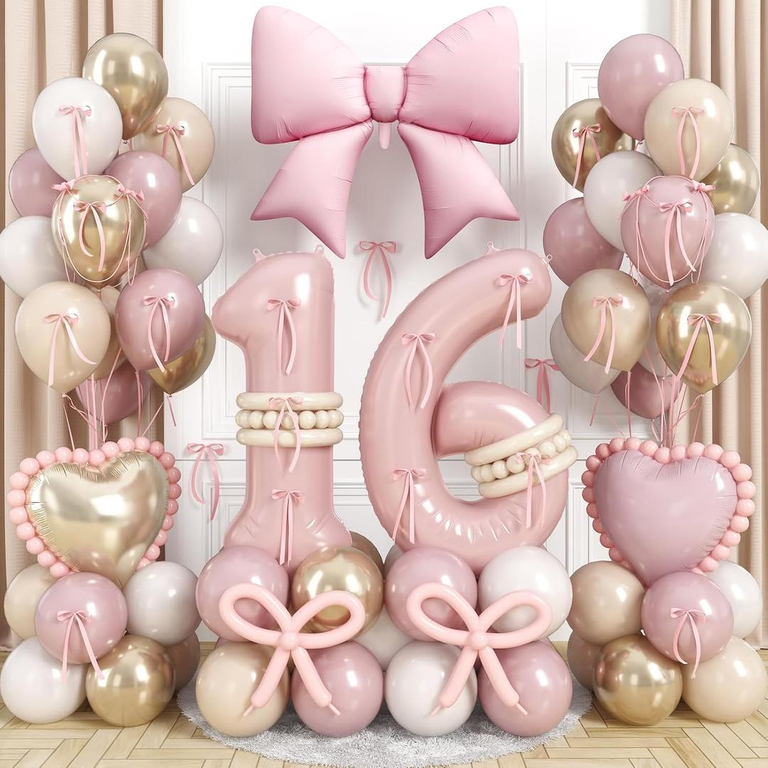 Pink Sweet 16 Number Balloon, 16th Birthday Decorations for Girls Dusty Blush Pink Gold White Sand Latex Balloons Bow Heart Foil Balloon for Boho Sixteen 16 Year Old Birthday Anniversary Party Decor