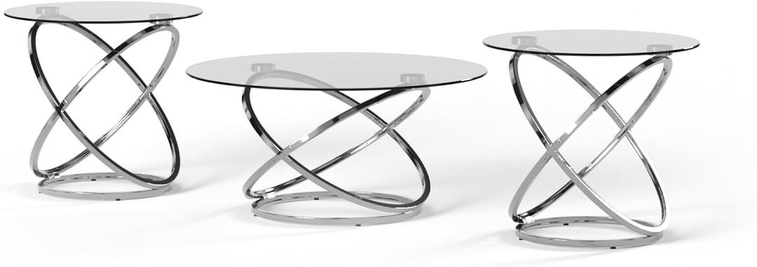 Signature Design by Ashley Hollynyx Contemporary Round 3-Piece Occasional Table Set, Includes Coffee Table and 2 End Tables, Chrome