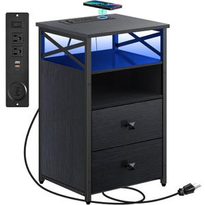 Livofloral LED Nightstands with Wireless Charging Station, Side Table with 2 Wood Drawers, Charging End Tables Living Room with USB and Outlets, Bedside Table for Bedroom, Black, 1 Pack Nightstand with Wireless