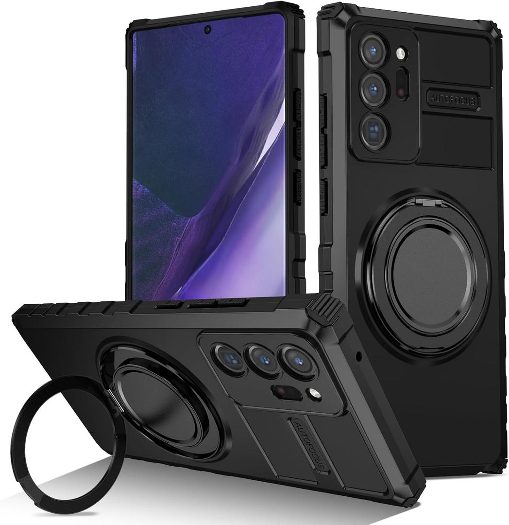 360°Spin Magnetic Stand for Samsung Galaxy Note20 Ultra Case Military Grade Shockproof Slim Protective Case for Samsung Note20 Ultra with Ring Kickstand, Black