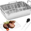 15 Inch Stainless Steel Roasting Pan with V-Shaped Rack and Turkey Baster - Rectangular Roaster for Turkey, Chicken, Vegetables - Fits 20lb Turkey