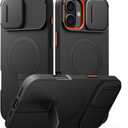 SURITCH for iPhone 16 Case with Magnetic Camera Slide Cover and Adjustable Kickstand, Compatible with MagSafe, Shockproof Bumper Case Slim Protective Cover 6.1 Inch, Black