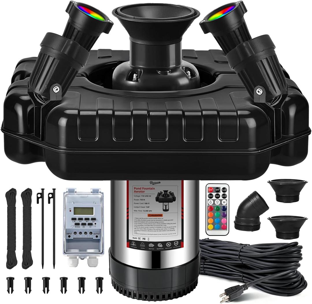 Pond Fountain Aerator，1HP 110V 750W，4RGB Lights Fountain Pump