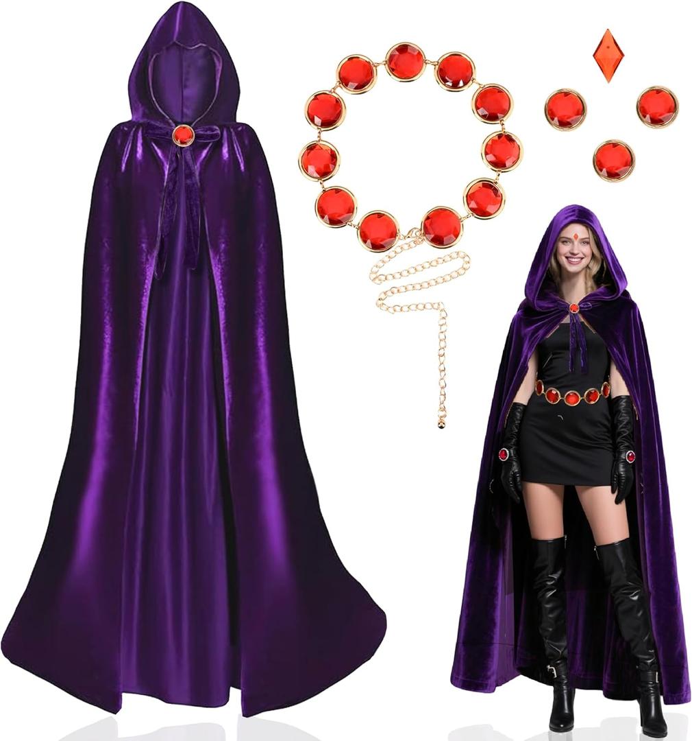 KJXRHQZ Women's Purple Velvet Hooded Cape with Anime Cosplay Belt –Long purple cloak, Witch & Halloween Costume, Size 130