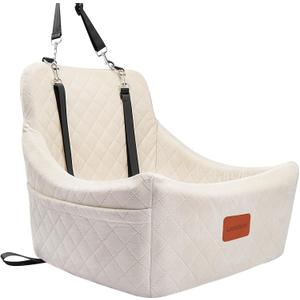 Lealchum Dog Car Seat for Medium Dogs Up to 40lbs,Easy to Install with Adjustable Straps,Anti-Slip Base,Fully Detachable and Washable,Soft Fabric Fill in Memory Foam,2 Side Pockets(Beige,Medium)