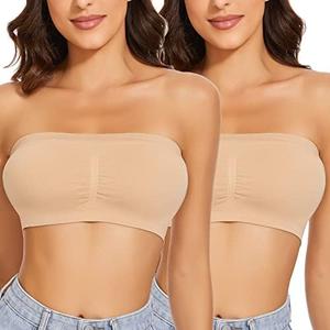 WOWENY Wireless Strapless Bandeau Bra for Women Padded Seamless Padded Bralette with Support Tube Top Bras Size 2XL
