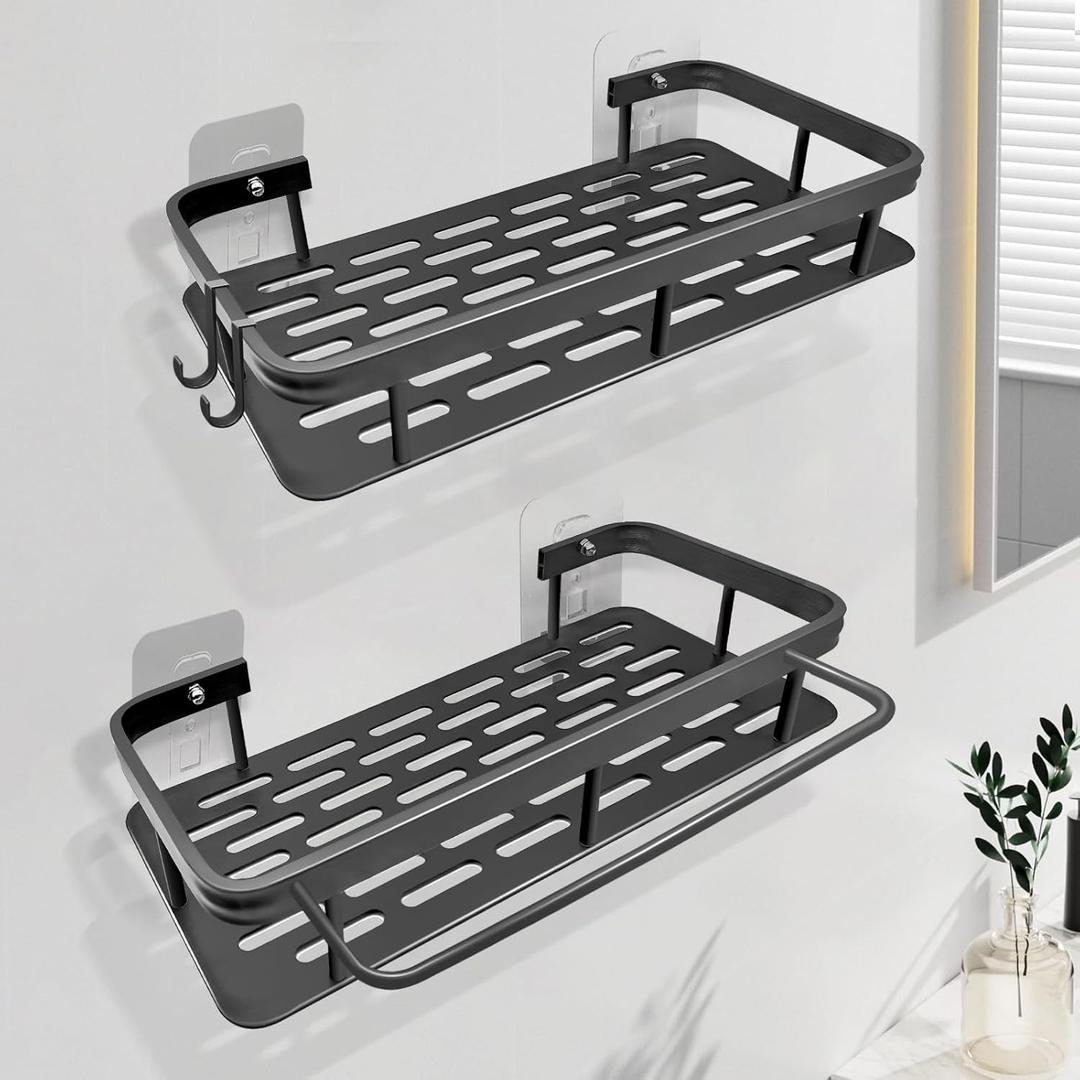 Rustproof Aluminum Shower Caddy with Adhesive Shelves & Hooks - 2-Pack, No Drill Wall Mount, Premium Organizer for Bathroom, Kitchen, Garage - Black