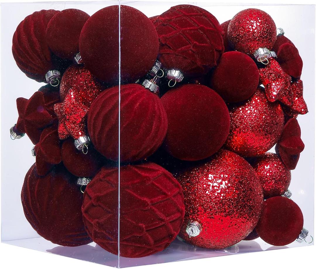 38 Pcs Burgundy Velvet Christmas Ball Ornaments, Christmas Tree Decorations with Paper Ornaments, Shatterproof Hanging Xmas Dcor Set for Office Home Holiday in 3 Sizes(Small Medium Large)