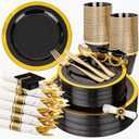 YOUBET 350PCS Black and Gold Plastic Plates - Gold Disposable Dinnerware Sets for 50 Guests - 100 Plastic Plates, 150 Gold Silverware, 50 Cups, 50 Pre Rolled Napkins for Party & Wedding Graduation