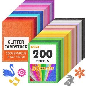 TUXIYA 200 Sheets 8.5" X 11" Glitter Cardstock,50 Assorted Colors 250GSM/92LB Glitter Cardstock,No-Shed Sparkly Glitter Paper for Arts and Crafts, Decorative, Card Making, Scrapbooking, DIY Projects