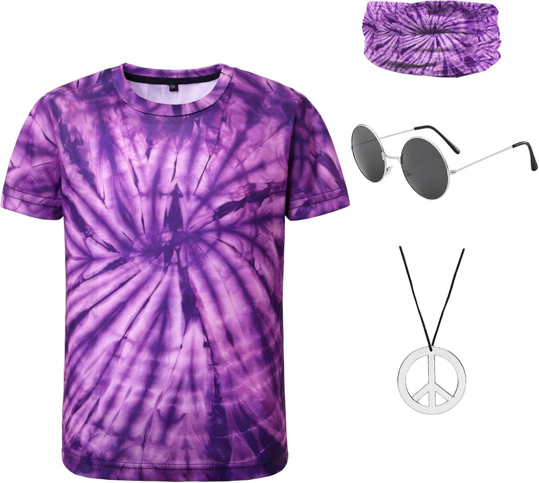 Inrajoper Boys 60s 70s Outfits 4 Pcs Hippie Costume Accessories Kids Colorful Tie Dye Tshirt for Theme Party 4-5 Years Purple