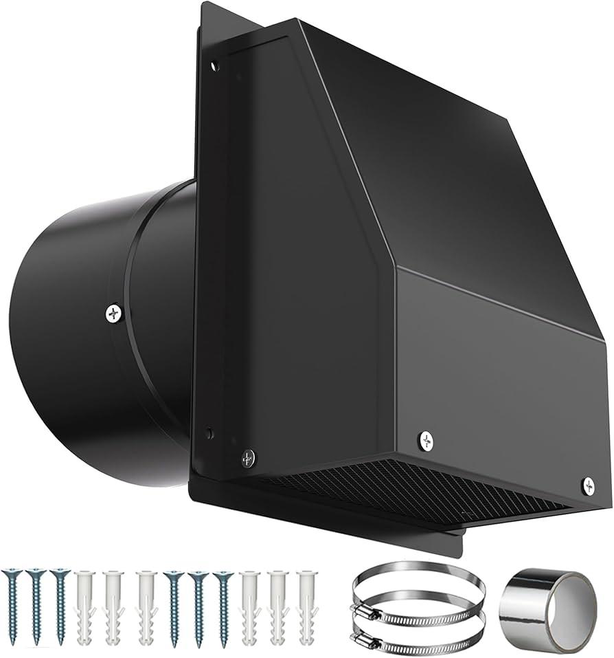 4 Inch Dryer Vent Cover Outside, Galvanized Steel Exterior Hooded Wall Vent Cover with Removable Screen & Cushioned Backdraft Flap, Exhaust Vent for House Through-Wall Dryer Vent Kit (Black)