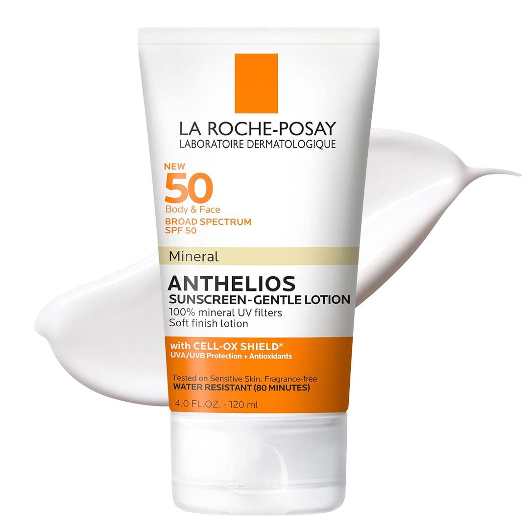 La Roche-Posay Anthelios Mineral Sunscreen SPF 50 Gentle Lotion, Broad Spectrum SPF + Antioxidants, Face & Body Sunscreen, Titanium Dioxide & Zinc Oxide, Oxybenzone Free, Oil Free (4.05 Fl Oz (Pack of 1))