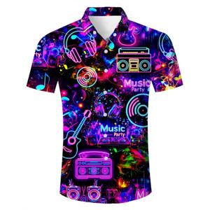 uideazone Mens Funny Hawaiian Shirts 3D Graphic Button Down Short Sleeve Tropical Holiday Beach Aloha Shirt (XX-Large, Neon Music)