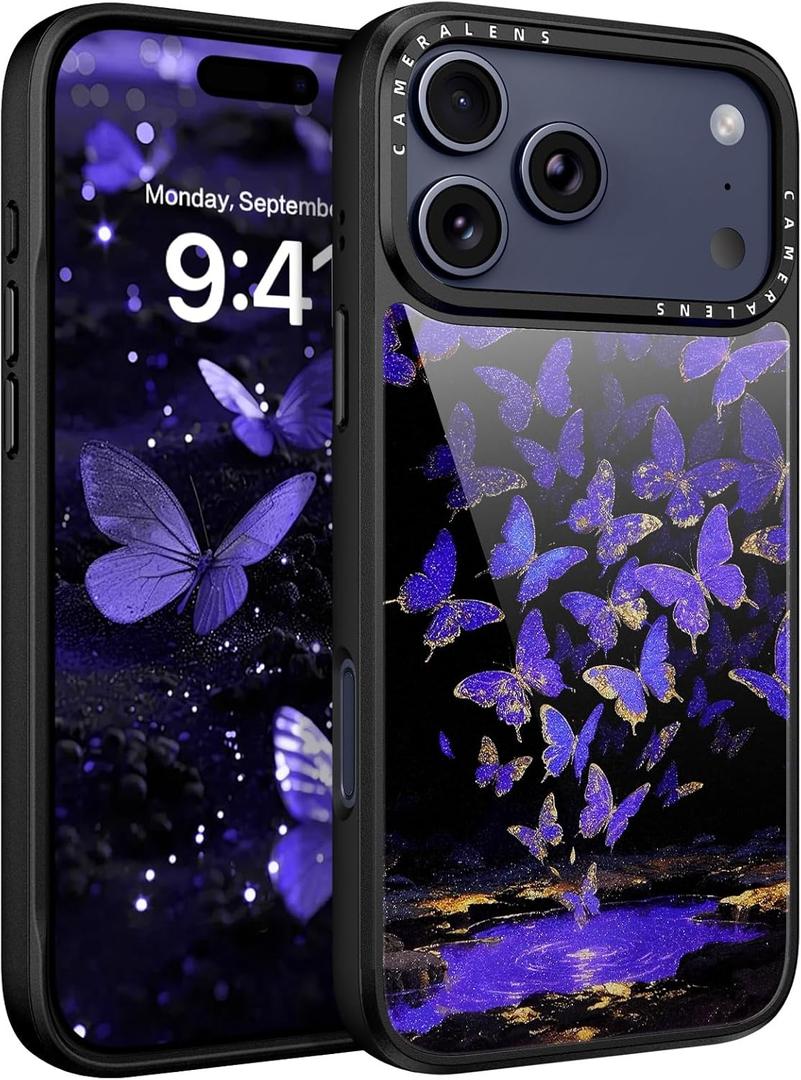 DOMAVER for iPhone 17 Pro Max Case, Butterfly Starlight Pattern [Military-Grade Protection] Women Girl Anti-Slip Shockproof Bumper Phone Cases for iPhone 17 Pro Max 6.9inch, Black/Purple