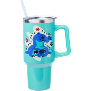 Silver Buffalo Disney Lilo and Stitch Aloha No Bad Days Chillin Stainless Steel Tumbler with Handle and Straw, Fits in Standard Cup Holder, 40 Ounces