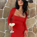 XXTAXN Womens Sexy Long Sleeve Square Neck Bodycon Mesh Mini Dress Red (S)