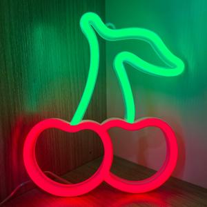 Cherry Neon Sign, Red Green Cherries Neon Lights, Cherry Neon Signs for Wall Decor, Cute Fruits LED Signs for Kids Room Restaurant Bar Fruit Shop Home