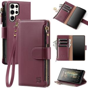 Shieldtop Compatible with Samsung Galaxy S23 Ultra 5G Wallet Case with Card Holder,Women Men RFID Blocking PU Leather Phone Case Flip Protective Cover Wrist Strap Zipper Credit Card Slots,Wine Red