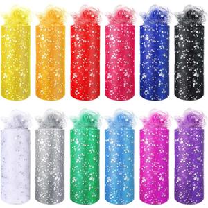 Chumia 12 Pcs Rainbow Glitter Tulle Rolls 6 Inch by 10 Yards 30 Feet Glitter Tulle Roll Fabric with Shiny Sequin Craft Fabric for Table Chair Bow Pet Tutu Skirt Sewing Wedding Birthday(Classic Color)